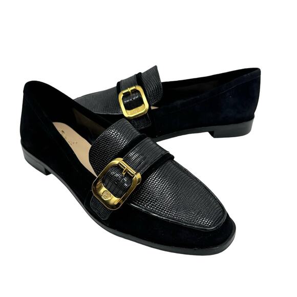 NEW Vince Camuto Cenkanda Black Leather & Suede Gold Buckle Slip On Loafer Flat - Picture 2 of 12